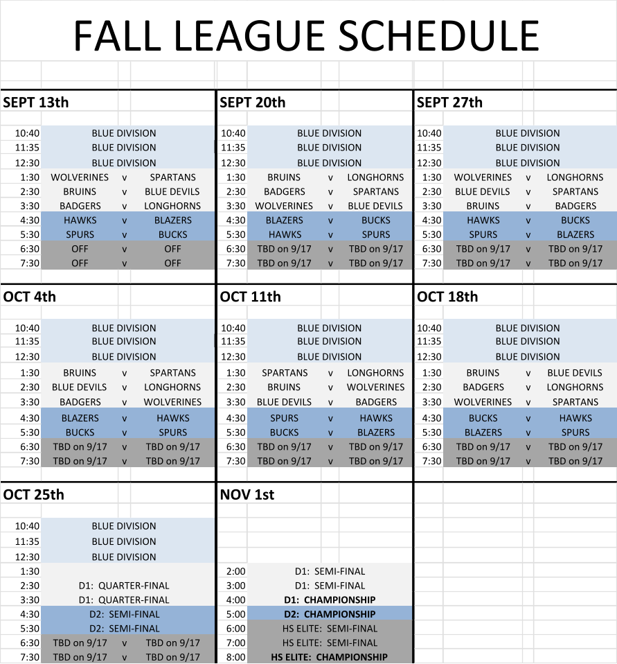 FALL LEAGUE SCHEDULE SEPT 13th SEPT 20th SEPT 27th 10:40 BLUE DIVISION 10:40 BLUE DIVISION 10:40 BLUE DIVISION 11:35 BLUE DIVISION 11:35 BLUE DIVISION 11:35 BLUE DIVISION 12:30 BLUE DIVISION 12:30 BLUE DIVISION 12:30 BLUE DIVISION 1:30 WOLVERINES v SPARTANS 1:30 BRUINS v LONGHORNS 1:30 WOLVERINES v LONGHORNS 2:30 BRUINS v BLUE DEVILS 2:30 BADGERS v SPARTANS 2:30 BLUE DEVILS v SPARTANS 3:30 BADGERS v LONGHORNS 3:30 WOLVERINES v BLUE DEVILS 3:30 BRUINS v BADGERS 4:30 HAWKS v BLAZERS 4:30 BLAZERS v BUCKS 4:30 HAWKS v BUCKS 5:30 SPURS v BUCKS 5:30 HAWKS v SPURS 5:30 SPURS v BLAZERS 6:30 OFF v OFF 6:30 TBD on 9/17 v TBD on 9/17 6:30 TBD on 9/17 v TBD on 9/17 7:30 OFF v OFF 7:30 TBD on 9/17 v TBD on 9/17 7:30 TBD on 9/17 v TBD on 9/17 OCT 4th OCT 11th OCT 18th 10:40 BLUE DIVISION 10:40 BLUE DIVISION 10:40 BLUE DIVISION 11:35 BLUE DIVISION 11:35 BLUE DIVISION 11:35 BLUE DIVISION 12:30 BLUE DIVISION 12:30 BLUE DIVISION 12:30 BLUE DIVISION 1:30 BRUINS v SPARTANS 1:30 SPARTANS v LONGHORNS 1:30 BRUINS v BLUE DEVILS 2:30 BLUE DEVILS v LONGHORNS 2:30 BRUINS v WOLVERINES 2:30 BADGERS v LONGHORNS 3:30 BADGERS v WOLVERINES 3:30 BLUE DEVILS v BADGERS 3:30 WOLVERINES v SPARTANS 4:30 BLAZERS v HAWKS 4:30 SPURS v HAWKS 4:30 BUCKS v HAWKS 5:30 BUCKS v SPURS 5:30 BUCKS v BLAZERS 5:30 BLAZERS v SPURS 6:30 TBD on 9/17 v TBD on 9/17 6:30 TBD on 9/17 v TBD on 9/17 6:30 TBD on 9/17 v TBD on 9/17 7:30 TBD on 9/17 v TBD on 9/17 7:30 TBD on 9/17 v TBD on 9/17 7:30 TBD on 9/17 v TBD on 9/17 OCT 25th NOV 1st 10:40 BLUE DIVISION 11:35 BLUE DIVISION 12:30 BLUE DIVISION 1:30 2:00 D1:  SEMI-FINAL 2:30 D1:  QUARTER-FINAL 3:00 D1:  SEMI-FINAL 3:30 D1:  QUARTER-FINAL 4:00 D1:  CHAMPIONSHIP 4:30 D2:  SEMI-FINAL 5:00 D2:  CHAMPIONSHIP 5:30 D2:  SEMI-FINAL 6:00 HS ELITE:  SEMI-FINAL 6:30 TBD on 9/17 v TBD on 9/17 7:00 HS ELITE:  SEMI-FINAL 7:30 TBD on 9/17 v TBD on 9/17 8:00 HS ELITE:  CHAMPIONSHIP